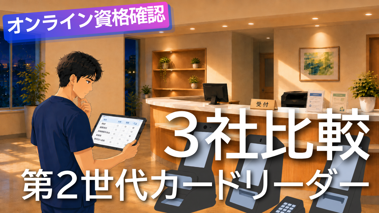 第2世代顔認証付きカードリーダー3社比較｜クリニックの受付に並ぶ3台のカードリーダーと比較表を確認するスタッフ